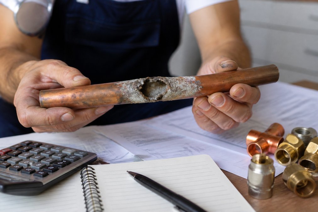 Professional plumber's hands holding a corroded copper pipe with visible water damage and mineral deposits, demonstrating the physical reality of hidden plumbing deterioration