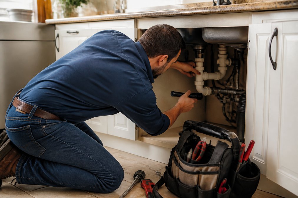 Certified plumber performing routine inspection of pipes and connections under a kitchen sink with professional tools, demonstrating preventative maintenance in action