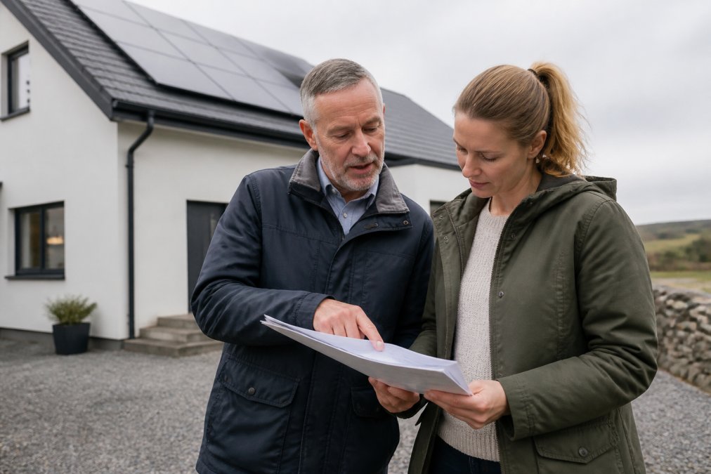A homeowner in Scotland reviewing a detailed quote document with an installer, standing near a property with solar panels visible on the roof under overcast daylight