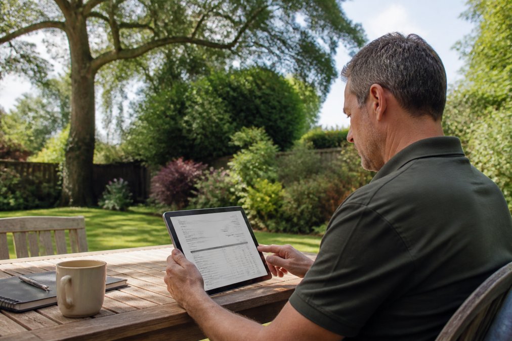 Homeowner reviewing detailed tree surgery quote document on a tablet while sitting in garden with mature trees visible in background, natural daylight