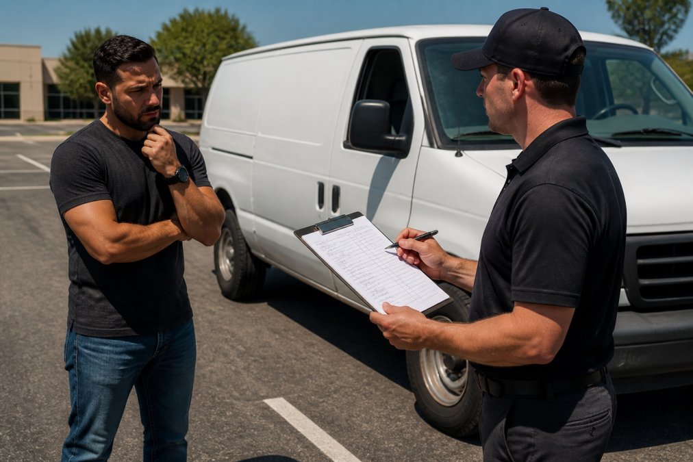 A person standing next to an unmarked white van in a parking lot, looking skeptical while a technician in plain clothes holds a clipboard with a handwritten quote sheet under harsh midday sunlight