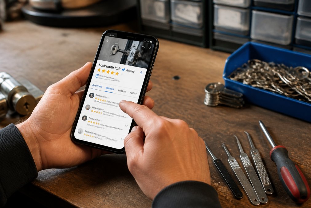 Close-up of hands holding a smartphone displaying a Google Business listing with star ratings, a verified badge, and customer reviews visible on the screen, shot in warm indoor lighting