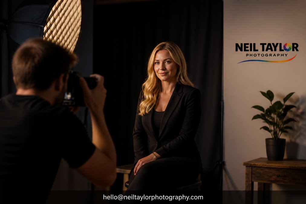 Professional in business attire demonstrating proper shoulder alignment and torso rotation with relaxed posture and confident eye contact towards camera in well-lit studio setting