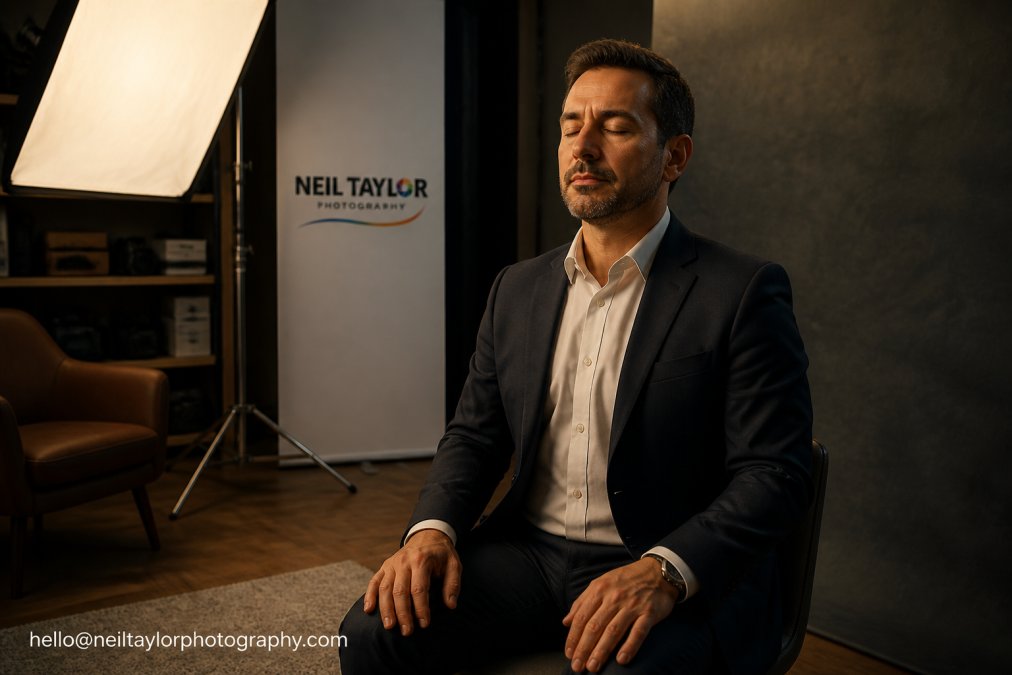 Business professional in studio setting taking a deep breath with calm, grounded body language before headshot session with soft studio lighting