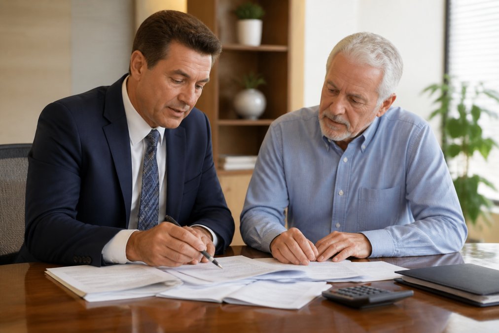 Financial advisor and retiree reviewing tax documents and income statements together at a desk with a laptop and calculator visible, natural office lighting
