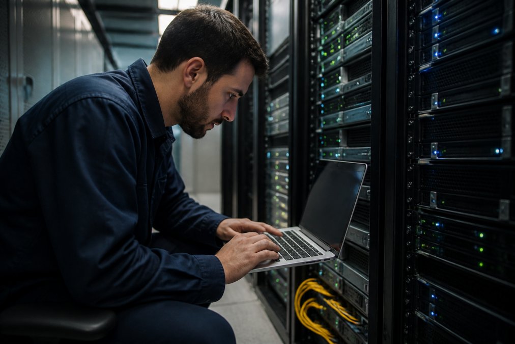 A system administrator in a dimly lit server room reviewing real-time performance graphs on a laptop, with server racks glowing in the background