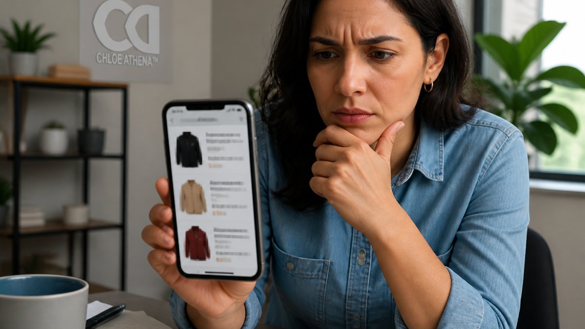 Close-up of a smartphone screen displaying a suspicious website with pixelated product images and misaligned text, person examining it skeptically at a desk with concerned expression