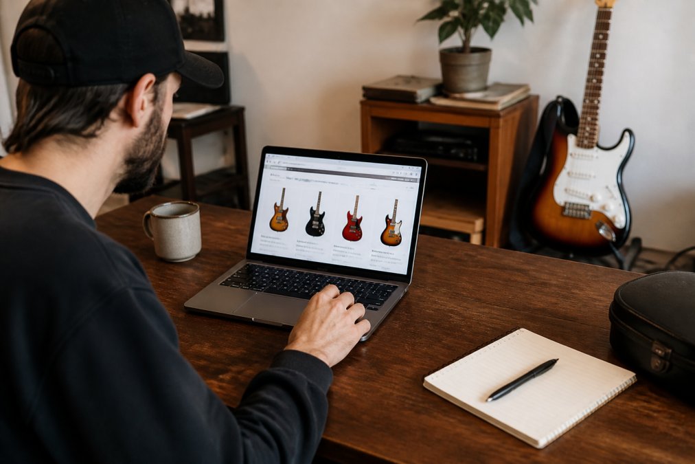 Person checking a music store website for out-of-stock notices on a laptop with a guitar in the background