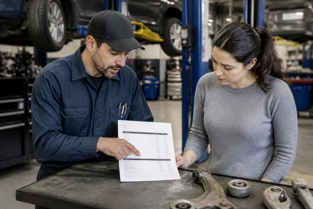 Professional mechanic showing customer an itemized suspension repair invoice with detailed breakdown of labor hours, parts costs, and diagnostic fees on a work table in the shop