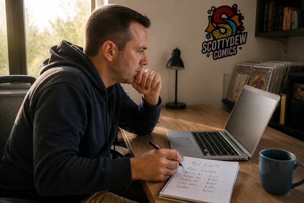 Serious collector focused intently on laptop screen during live auction, notebook with handwritten bid limits visible on desk, morning sunlight through office window