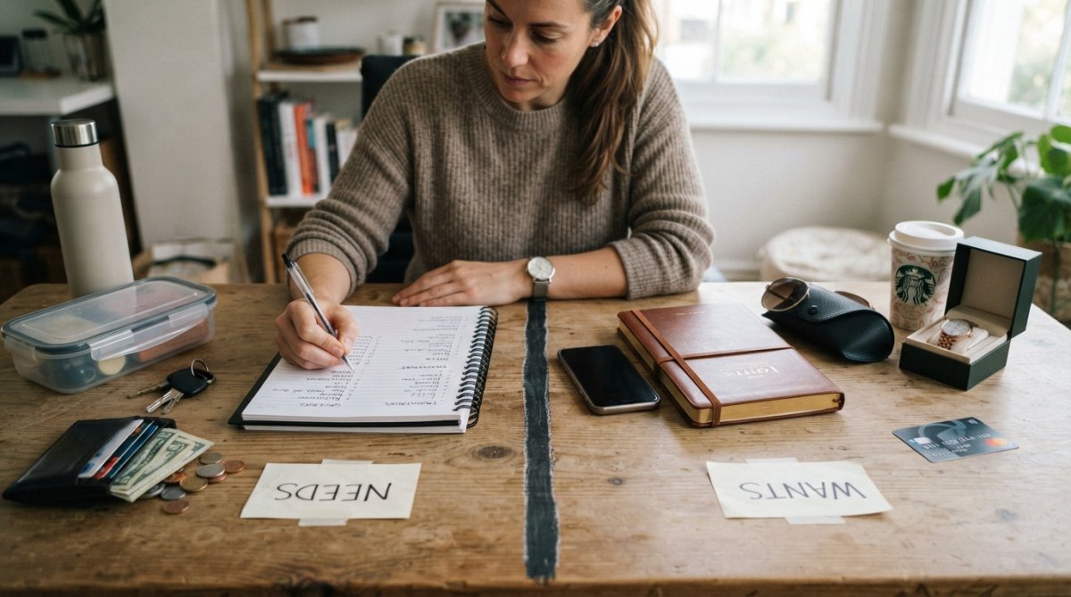 Person sitting at a desk with a notebook, smartphone, and shopping bags, thoughtfully reviewing a purchase decision with natural window lighting