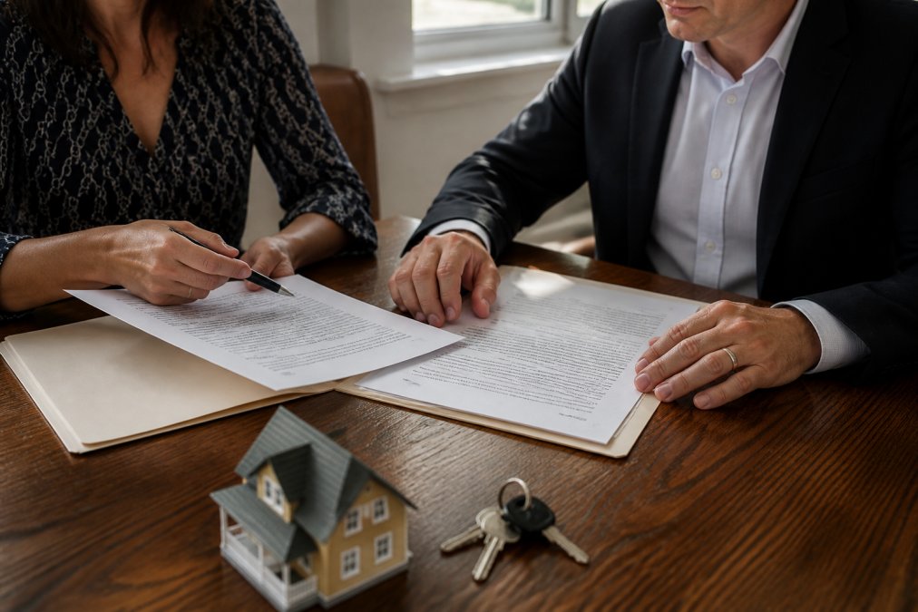 Homeowner and attorney reviewing property deed and trust documents at wooden desk with house keys and title papers visible, natural afternoon light