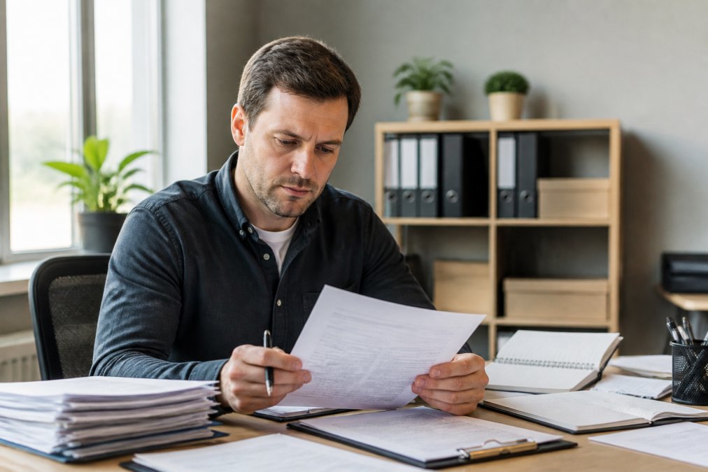Hiring manager at desk reviewing driver applications on computer with calendar and checklist visible, organized recruitment workflow with natural office lighting