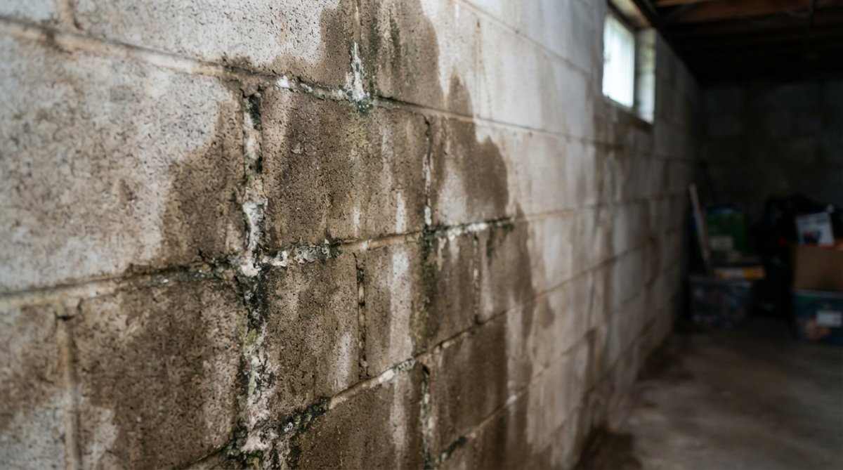 Close-up of water staining and discoloration on a basement wall showing darkened patches and moisture damage, with visible mold growth along the mortar lines