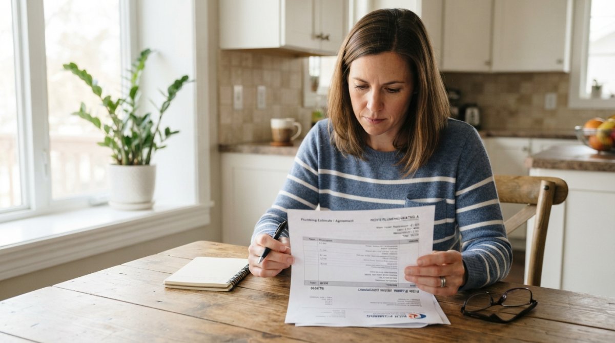 Homeowner sitting at a kitchen table reviewing a detailed plumbing estimate document with a pen in hand, carefully examining line items and pricing details in natural daylight