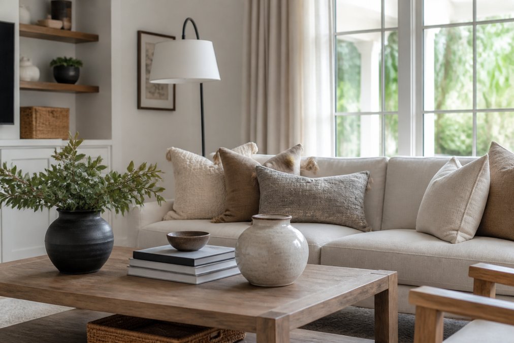 Diagram illustrating how balanced fixtures and finishes help avoid renovation regret in a living room