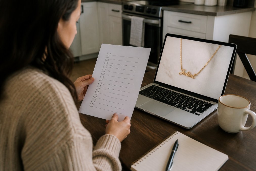 Checklist process for reviewing custom jewelry orders to catch spelling errors before production.