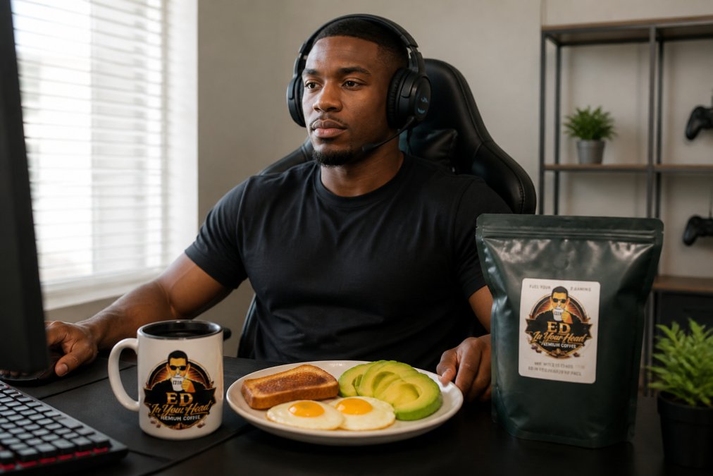 Gamer at desk with a balanced meal plate nearby featuring eggs, whole grain toast, avocado, and a fresh coffee cup before starting a gaming session