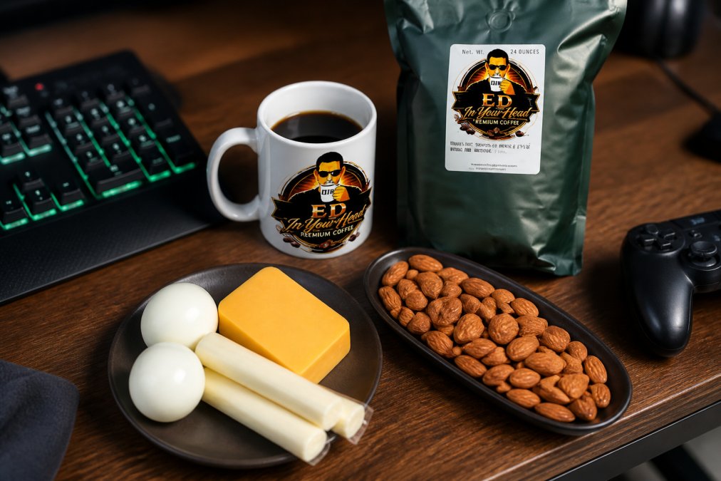 Close-up of gaming snacks arranged on a desk: almonds, cheese, string cheese, hard-boiled eggs, and a mug of fresh coffee next to a gaming keyboard