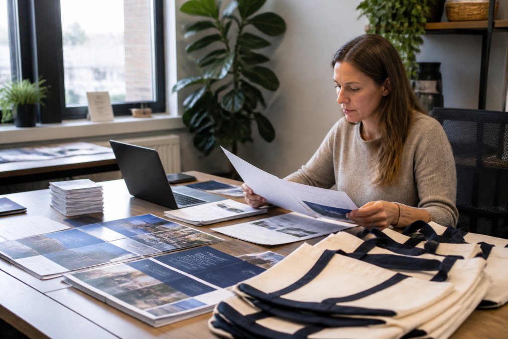 A marketing manager at a desk covered with printed brochures, branded tote bags, and a laptop showing a spreadsheet, reviewing vendor lists in a bright office