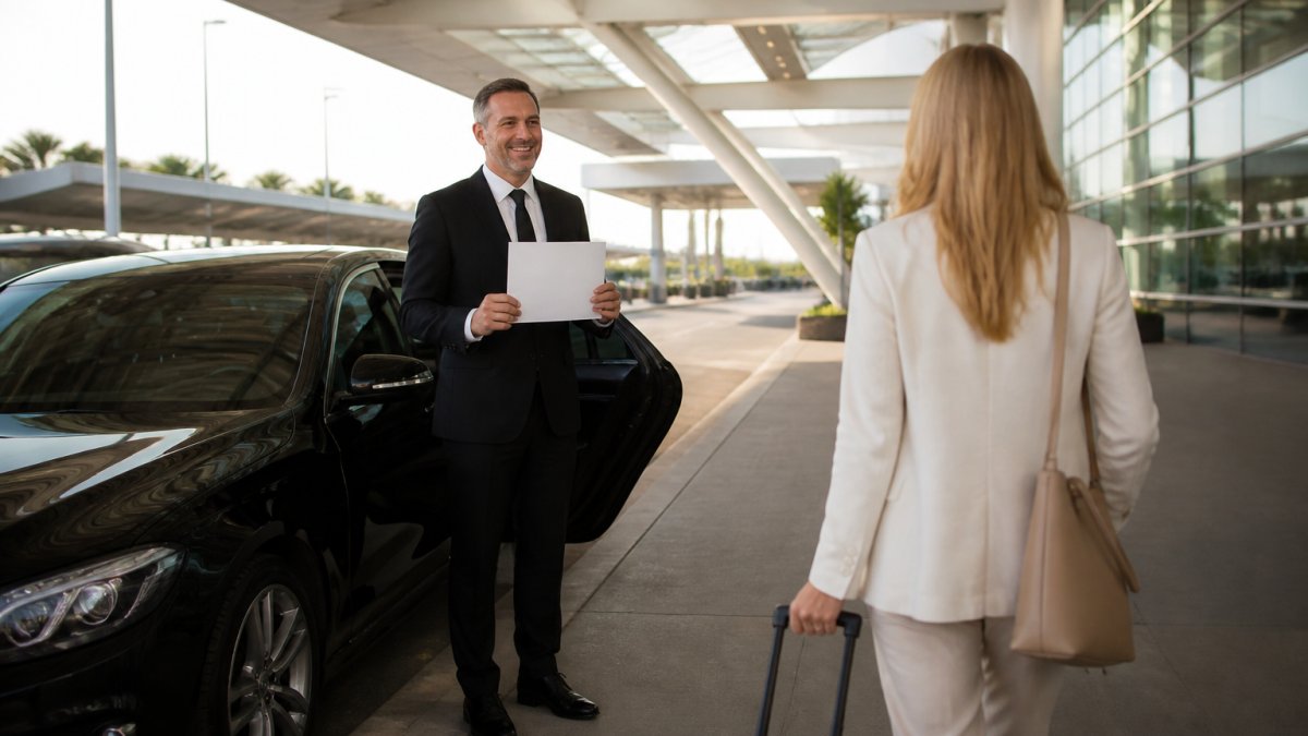 A professional chauffeur standing beside a clean black sedan at an airport terminal kerb, holding a small welcome sign, with a traveller approaching with luggage in the early morning light