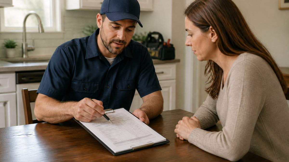Professional plumber in uniform sitting at a kitchen table with a homeowner, reviewing a detailed written estimate and pointing to specific line items on the document with a pen
