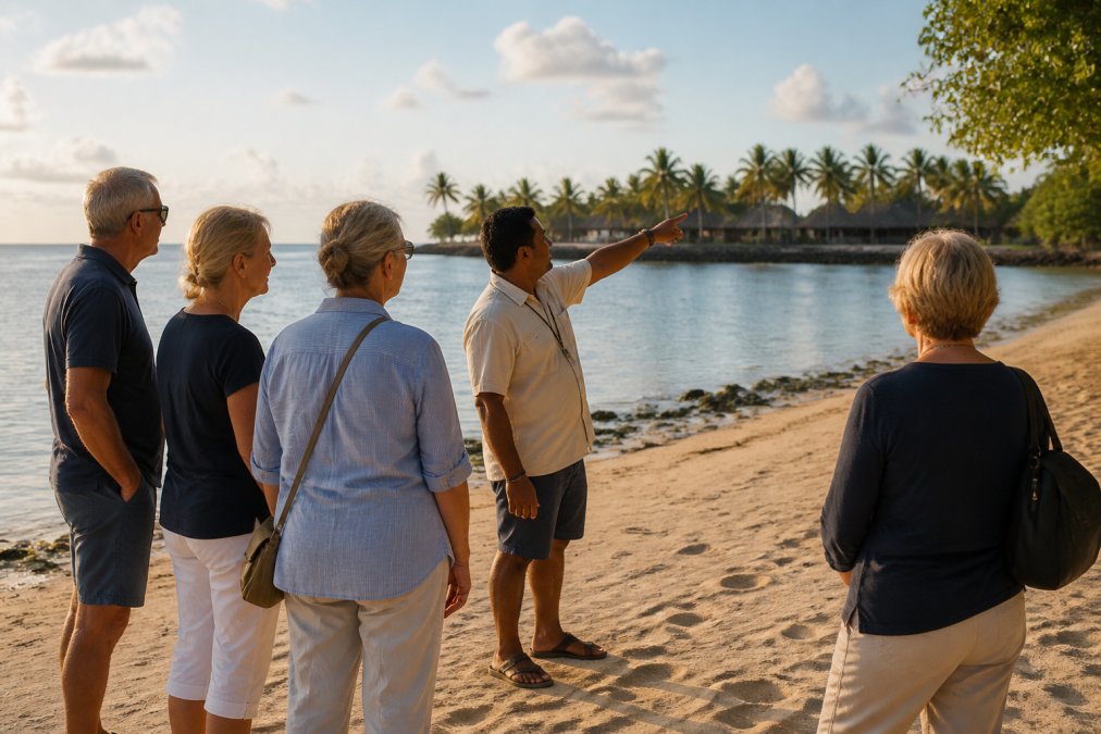 A small group of mature travellers standing together on a remote Pacific beach, listening to a local guide who is pointing towards a traditional village in the distance, soft late-afternoon light, no crowds or buses visible