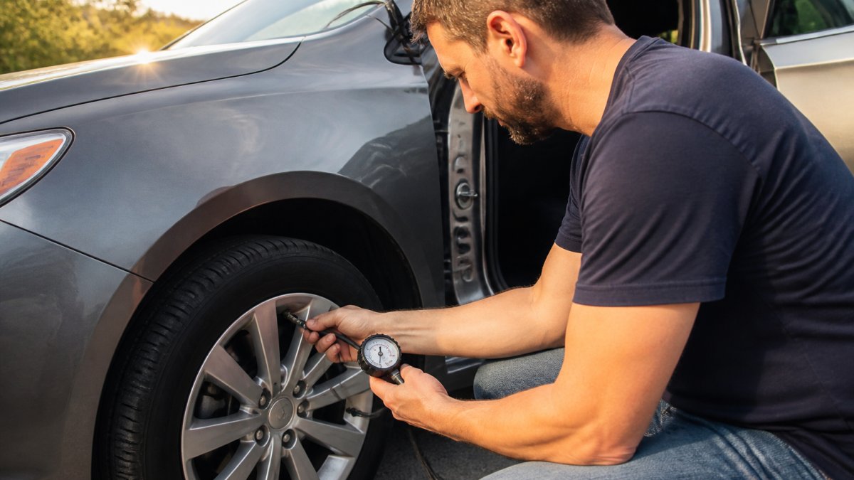 Vehicle owner checking tire pressure with gauge at driver's door jamb, morning sunlight on car hood, hands holding pressure gauge to tire valve