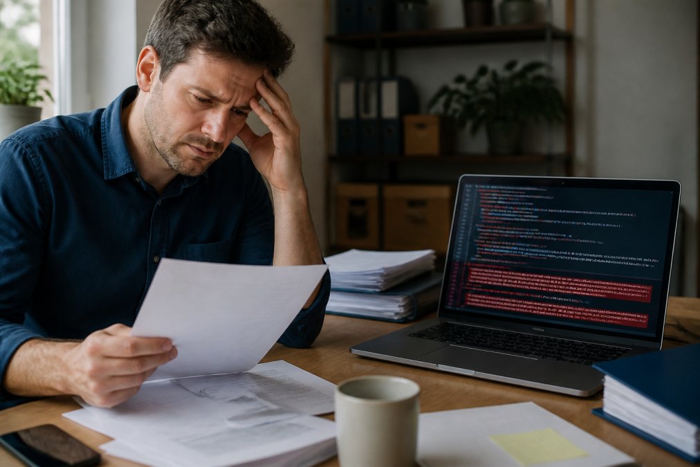 Business owner at desk looking frustrated whilst reviewing documents and a laptop screen showing website code and migration errors