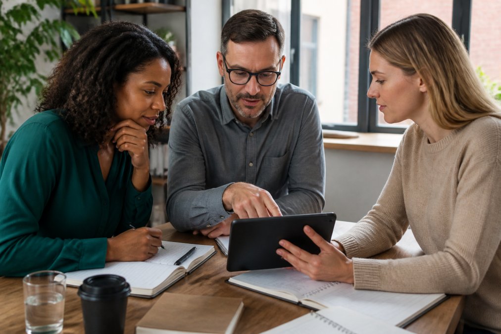 Small business team gathered around a table with notebooks, reviewing a website builder comparison checklist on a tablet in a bright office setting