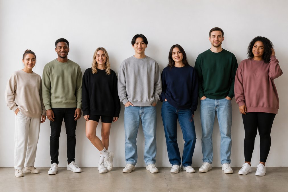 Diverse group of people standing together in casual poses, each wearing different fitted and oversized sweatshirts in various sizes, showing the range of body types and silhouettes across individuals