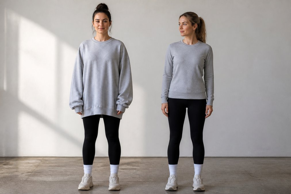 Person wearing an oversized unisex sweatshirt standing next to someone wearing a fitted sweatshirt, showing the dramatic silhouette difference between the two cuts and how fit varies across body shapes