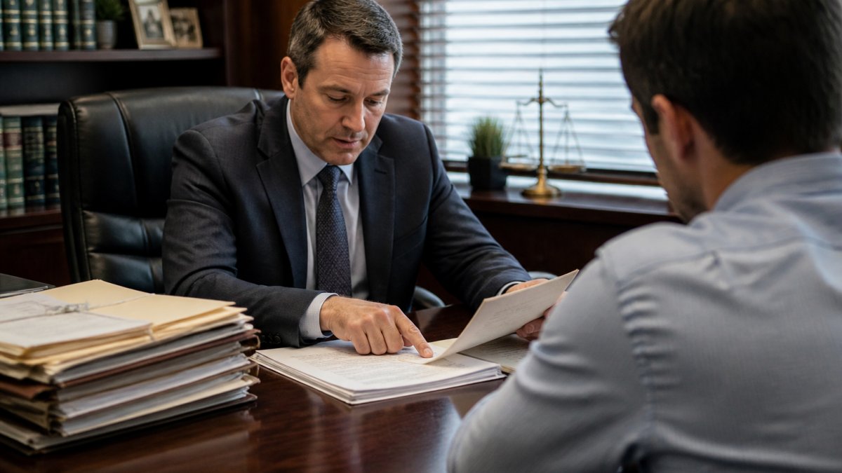 Criminal defense attorney reviewing legal documents with a client to assist in avoiding criminal record first offense