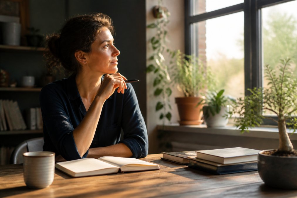 A writer sitting at a wooden desk with a notebook and pen, looking thoughtful while gazing out a window with natural sunlight streaming in, warm afternoon light