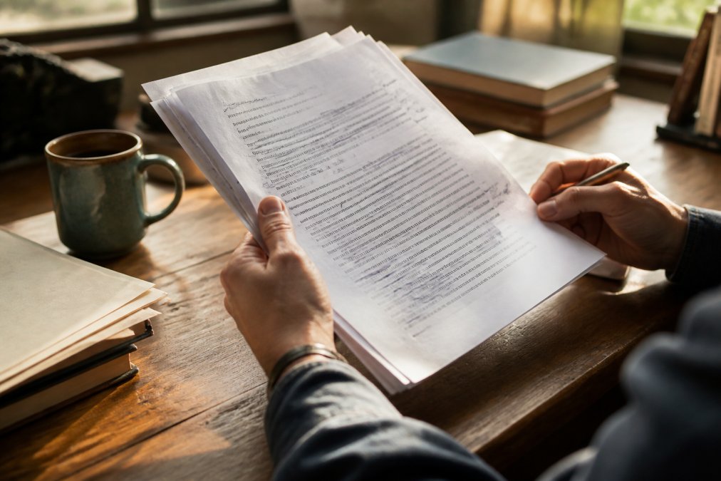 Close-up of hands holding a printed manuscript with handwritten edits and notes scattered across pages, a coffee cup nearby on a wooden desk with natural afternoon light