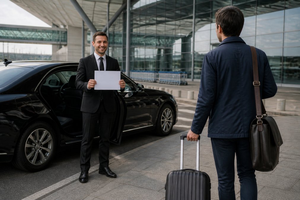 Chauffeur waiting at the curb with a sign to help a traveler avoid an airport ride surge in an executive sedan.