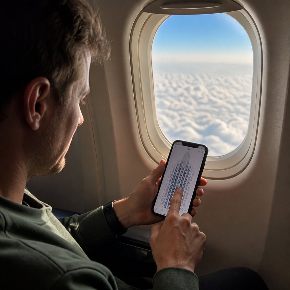 A traveler holding a smartphone showing a detailed airplane seat map, with a finger pointing at a window seat while looking out a real airplane window at the clouds