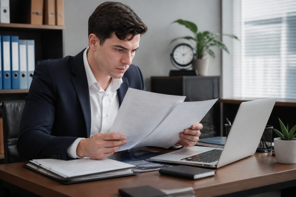 Professional at desk reviewing licensing documents and checking information on computer screen in modern office setting, with focused attention on verification details