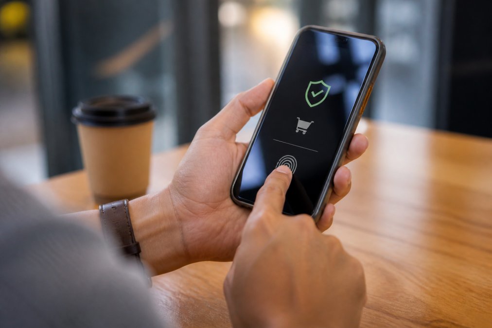Close-up of hands holding smartphone with secure payment interface displayed on screen, showing digital security and trust indicators in modern setting