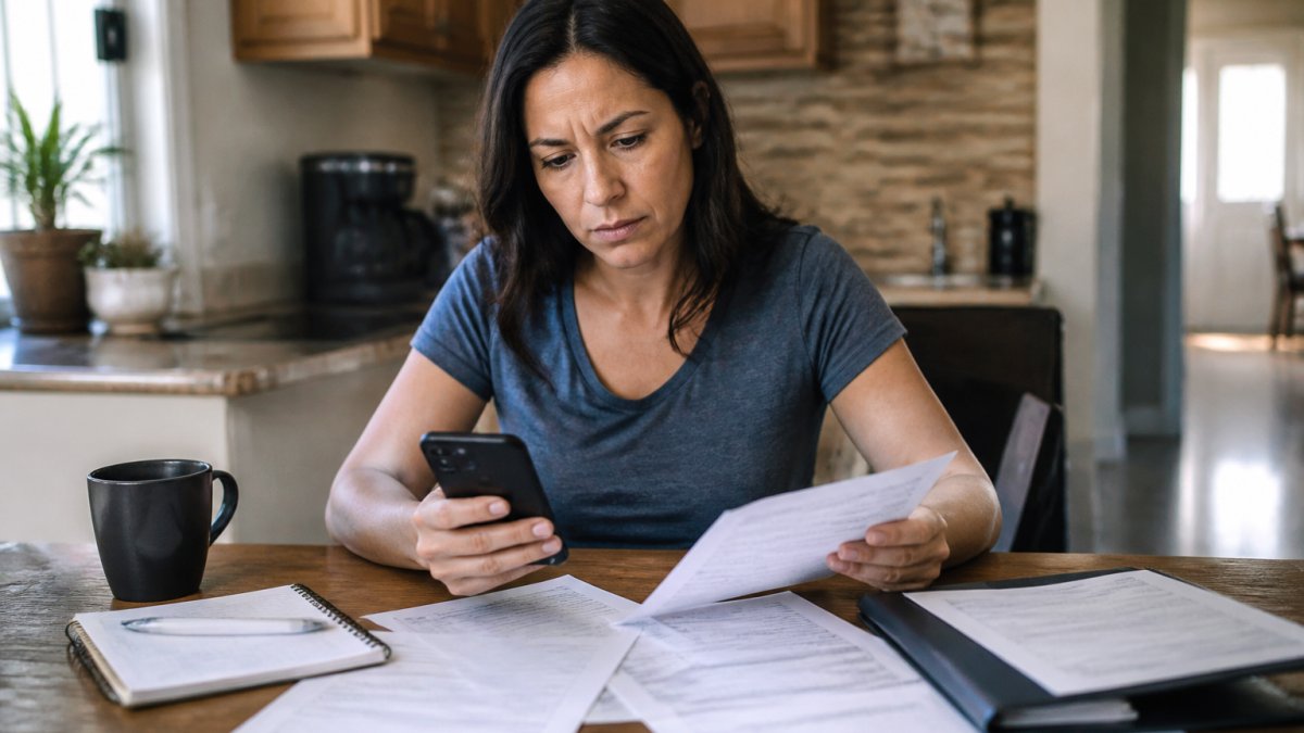A person at a kitchen table reviewing paperwork and a phone, with a notepad and pen nearby, looking up official license information with a concerned but focused expression