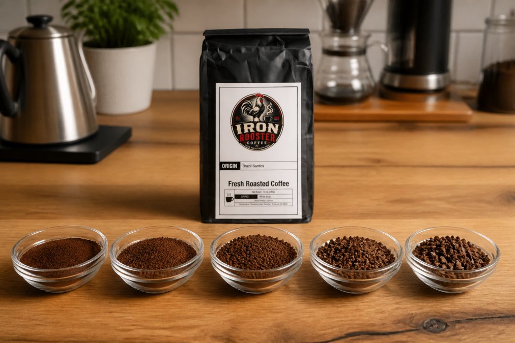 Close-up overhead shot of five small glass bowls arranged side by side, each containing coffee grounds at a different coarseness level, from fine espresso grind to coarse French press grind, on a wooden kitchen countertop