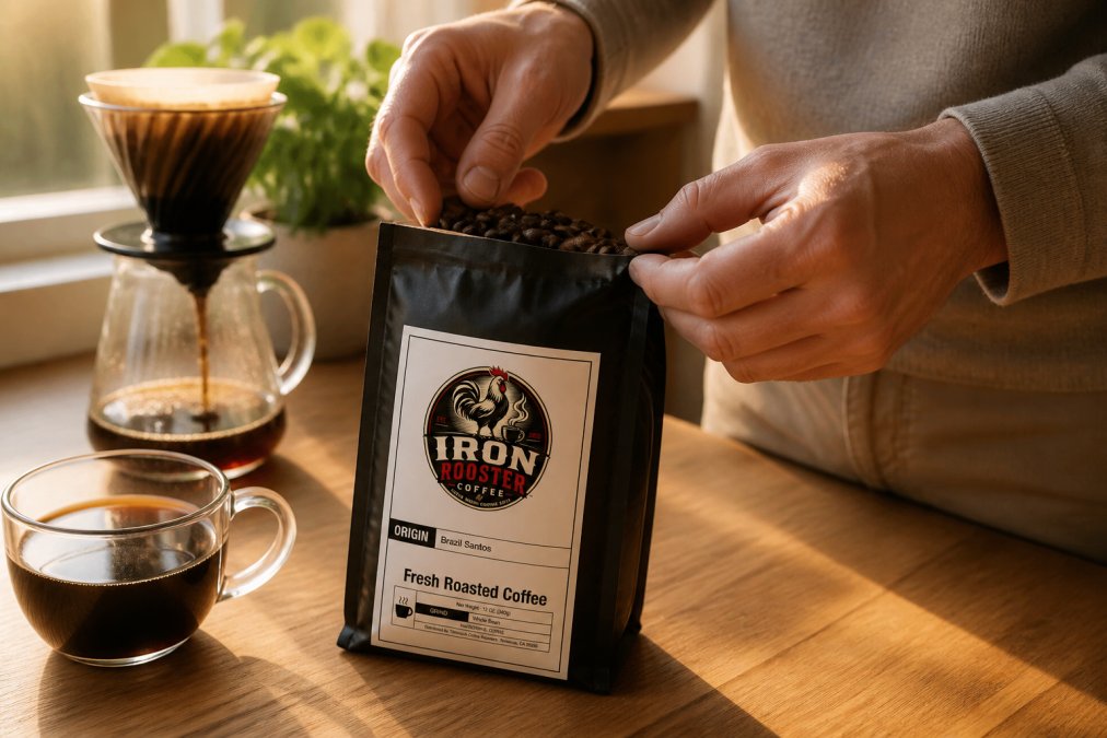 A person's hands opening a sealed kraft coffee bag and smelling freshly roasted whole beans, with a pour-over dripper and a cup of black coffee visible on the counter in soft morning light
