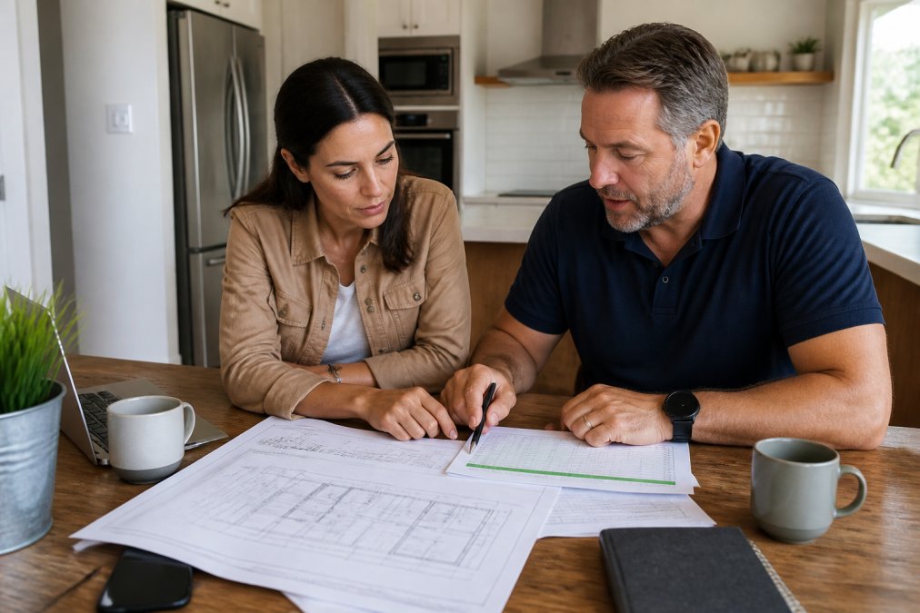 A homeowner and a contractor reviewing blueprints and a budget spreadsheet together at a kitchen table, with a laptop and coffee mugs nearby