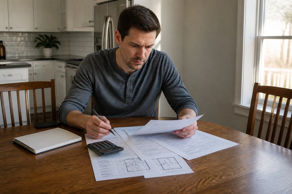 Homebuyer reviewing construction documents and financing paperwork at a kitchen table with a calculator and pen, natural afternoon light from a window