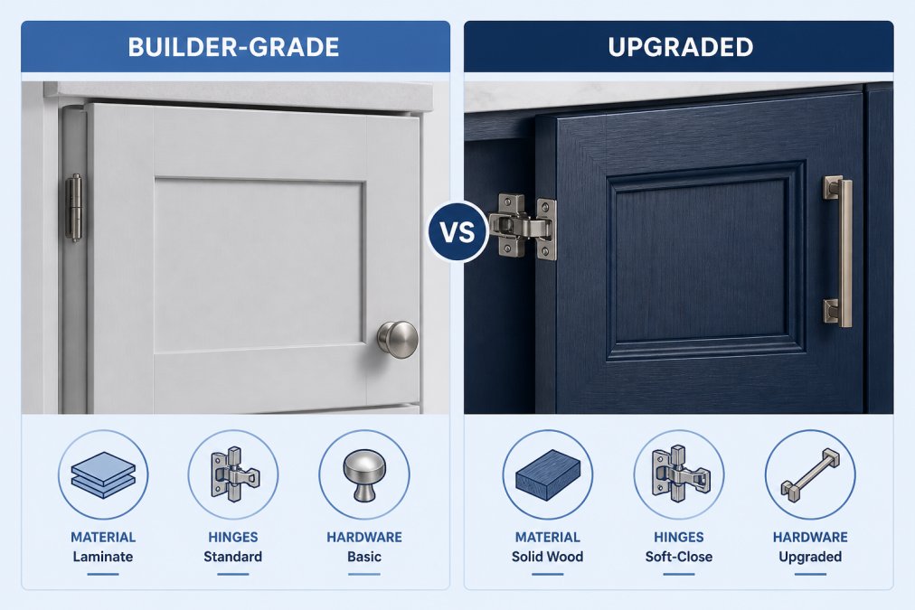 Close-up side-by-side comparison of two cabinet doors in natural light, one basic builder-grade with simple laminate finish and basic hardware, one upgraded with premium stain, soft-close hinges, and decorative hardware