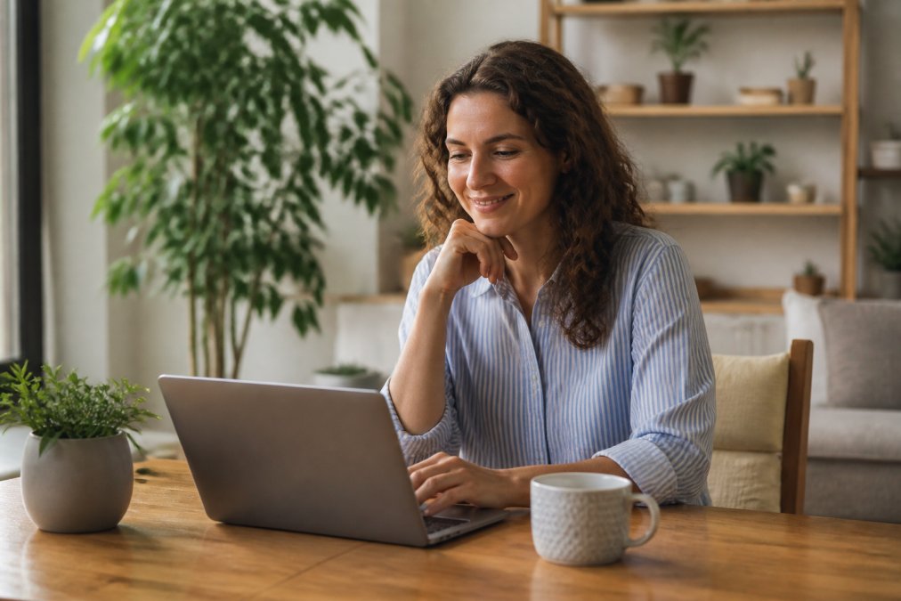 A person working calmly at a tidy desk with a laptop, finding balance and avoiding burnout in their daily tasks.
