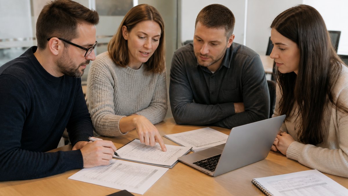 IT team members gathered around a desk reviewing migration documentation and contingency plans on a laptop and printed checklist, with natural office lighting