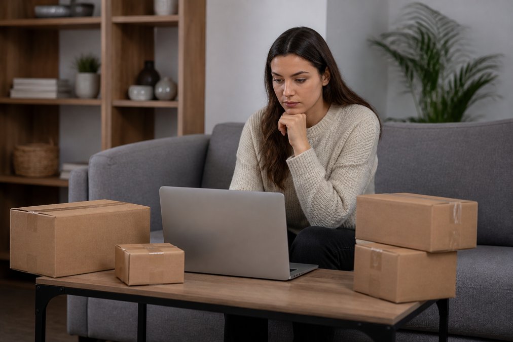 A person sitting on a sofa at home, looking at a laptop with a thoughtful expression, surrounded by a few unopened delivery boxes