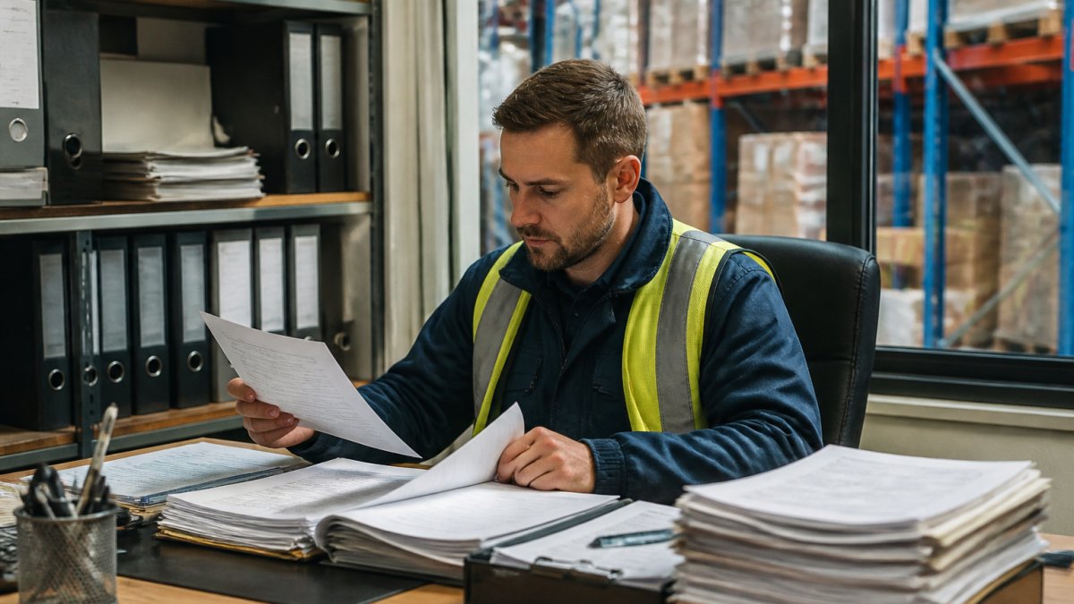Logistics professional carefully reviewing and organizing shipping documents and commercial invoices at a warehouse desk with organized filing system visible