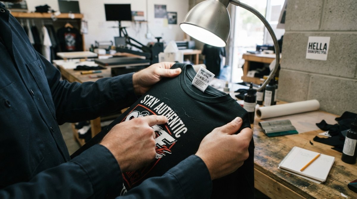 Hands inspecting the print quality of cheap custom apparel for cracks or uneven ink coverage under bright light